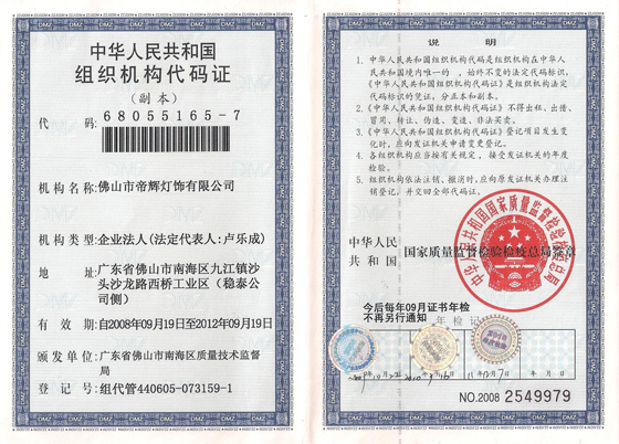 帝輝組織機(jī)構(gòu)證書 